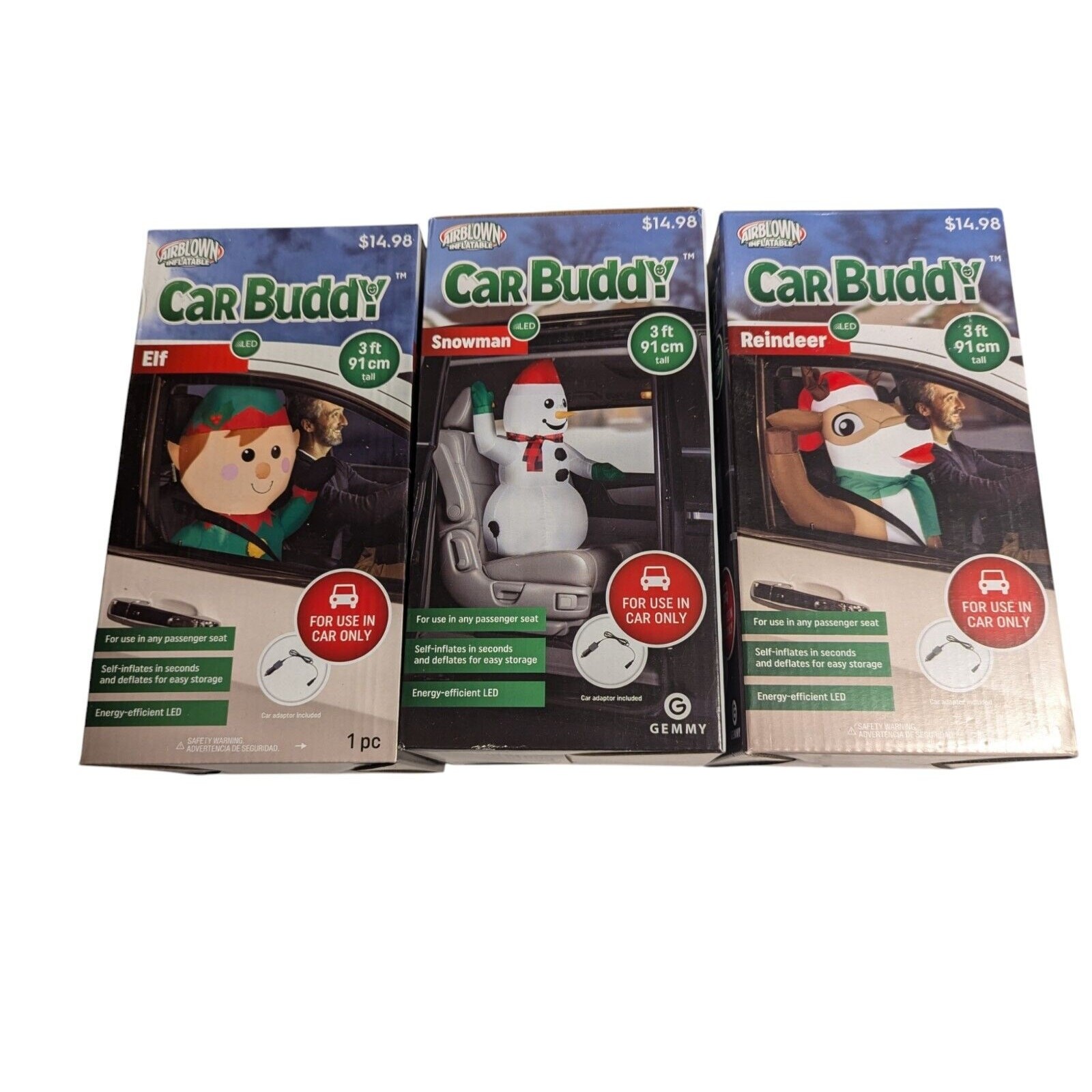 Lot Of 3 Airblown Inflatable 3ft Christmas Car Buddy – Elf, Snowman & Reindeer