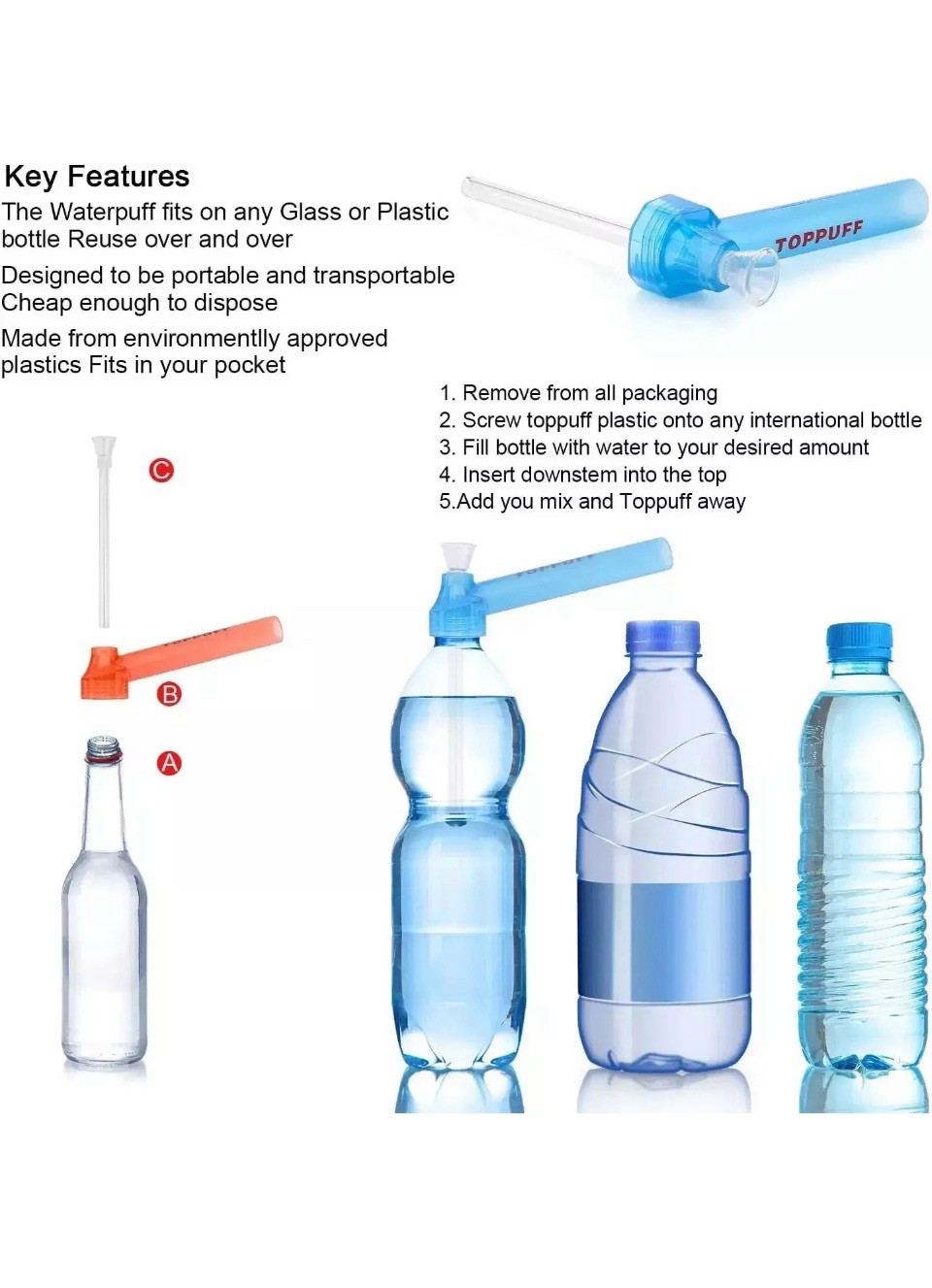 3 Unit Portable Hookah Screw on Bottle Mobile Water Glass Bong