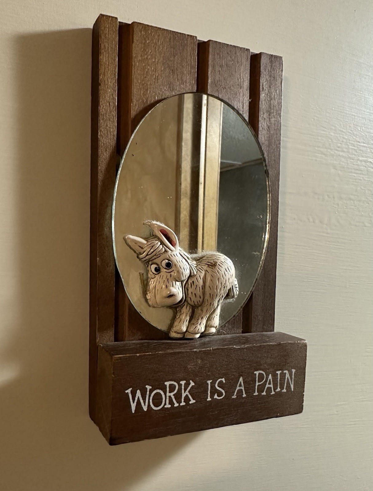 Vintage 1970s Work Is A Pain Novelty Humor Wall Mirror 3D Donkey Figure Rustic