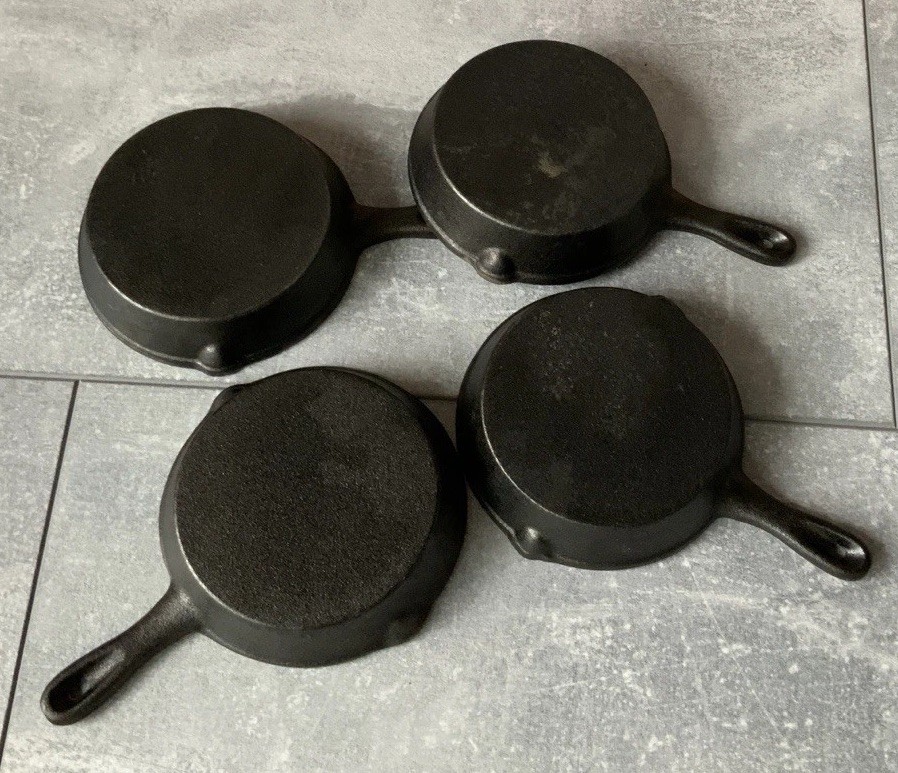 Cast Iron Mini Pans Handles Black 4”Skillets Rustic Set Of 4 Individual Portions