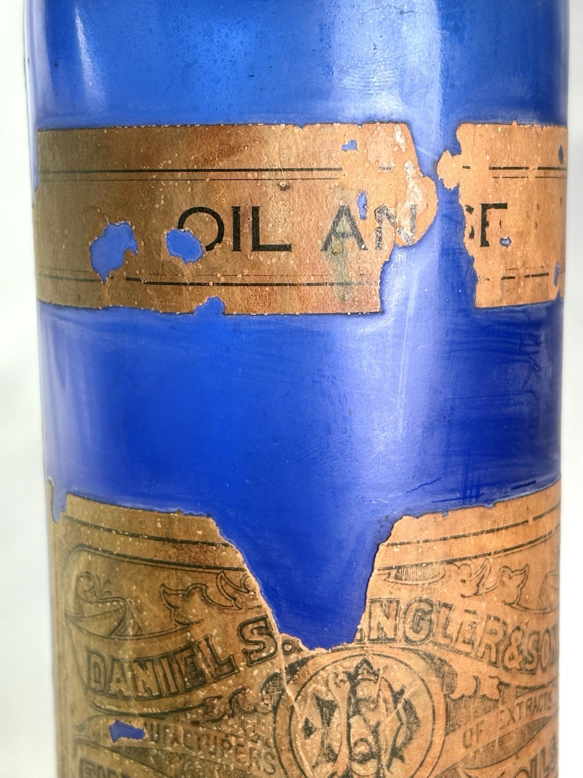 1880S LARGE COBALT EMBOSSED CHEMIST BOTTLE PAPER LABEL PA DANIEL S. DINGLER SON