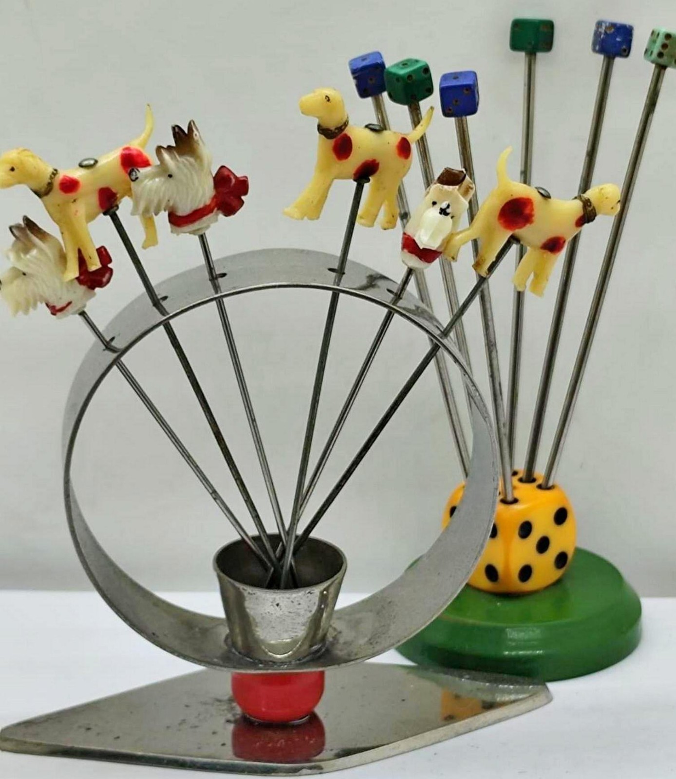 x2 NOVELTY VINTAGE ART DECO CELLULOID CHROME,DOGS DICE APPETIZER PICKS STICK SET