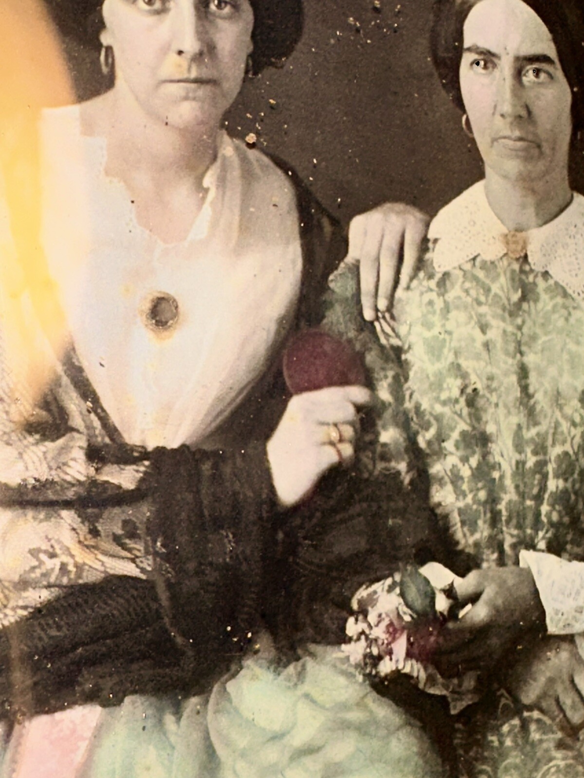 Tinted Daguerreotype Sad Woman & Daughter Holding Memorial / Mourning Items?
