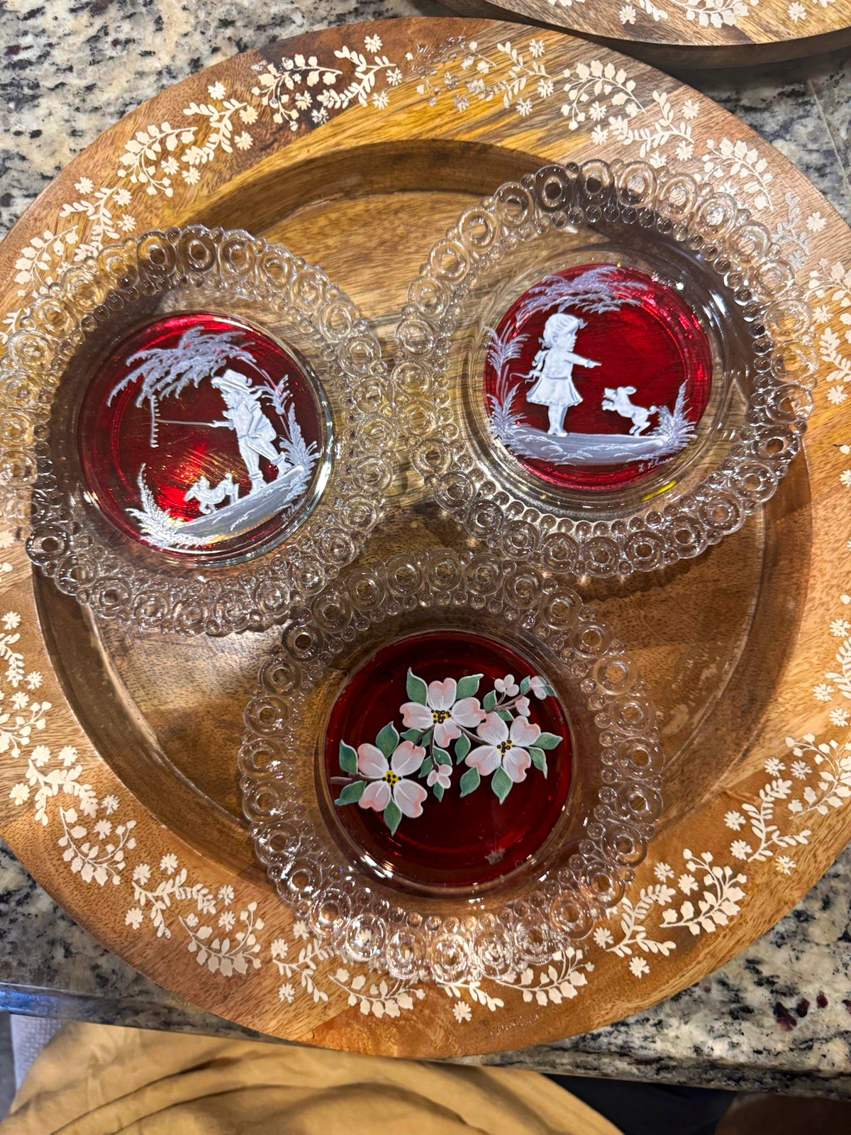Westmoreland set of 3 Clear/Red/White Glass signed by Artist L. Plues