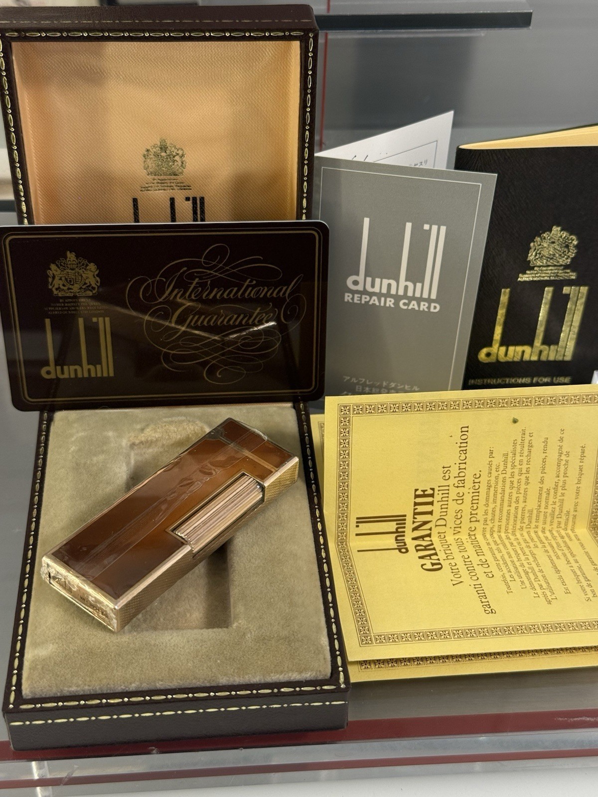 Dunhill Rollagas Slim Brown Lacquer Gold Plated Lighter NOS Sealed New