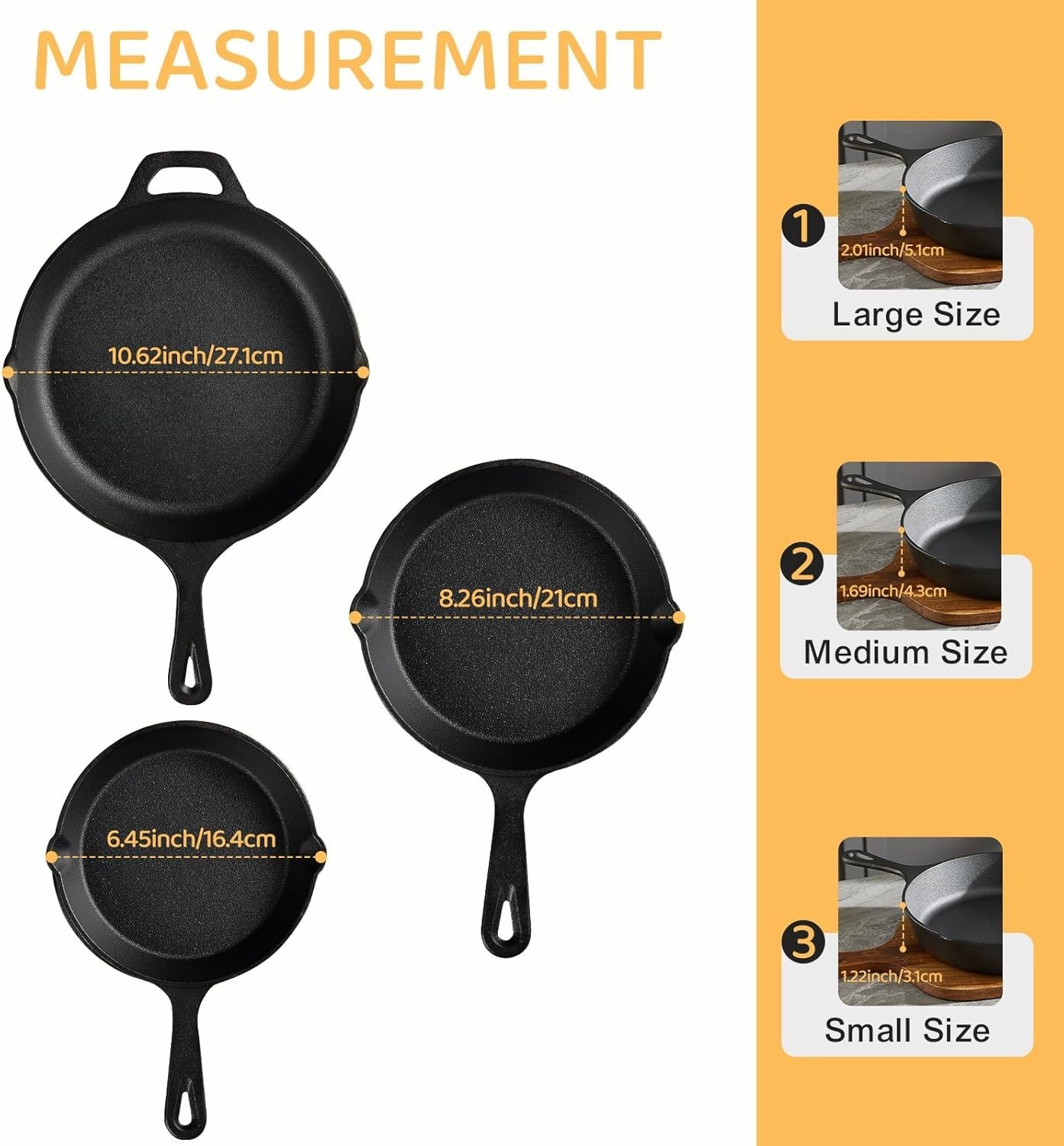 Professional 3-Pan Cast Iron Skillet Set – 6 In., 8 In., & 10 In. for Every Chef