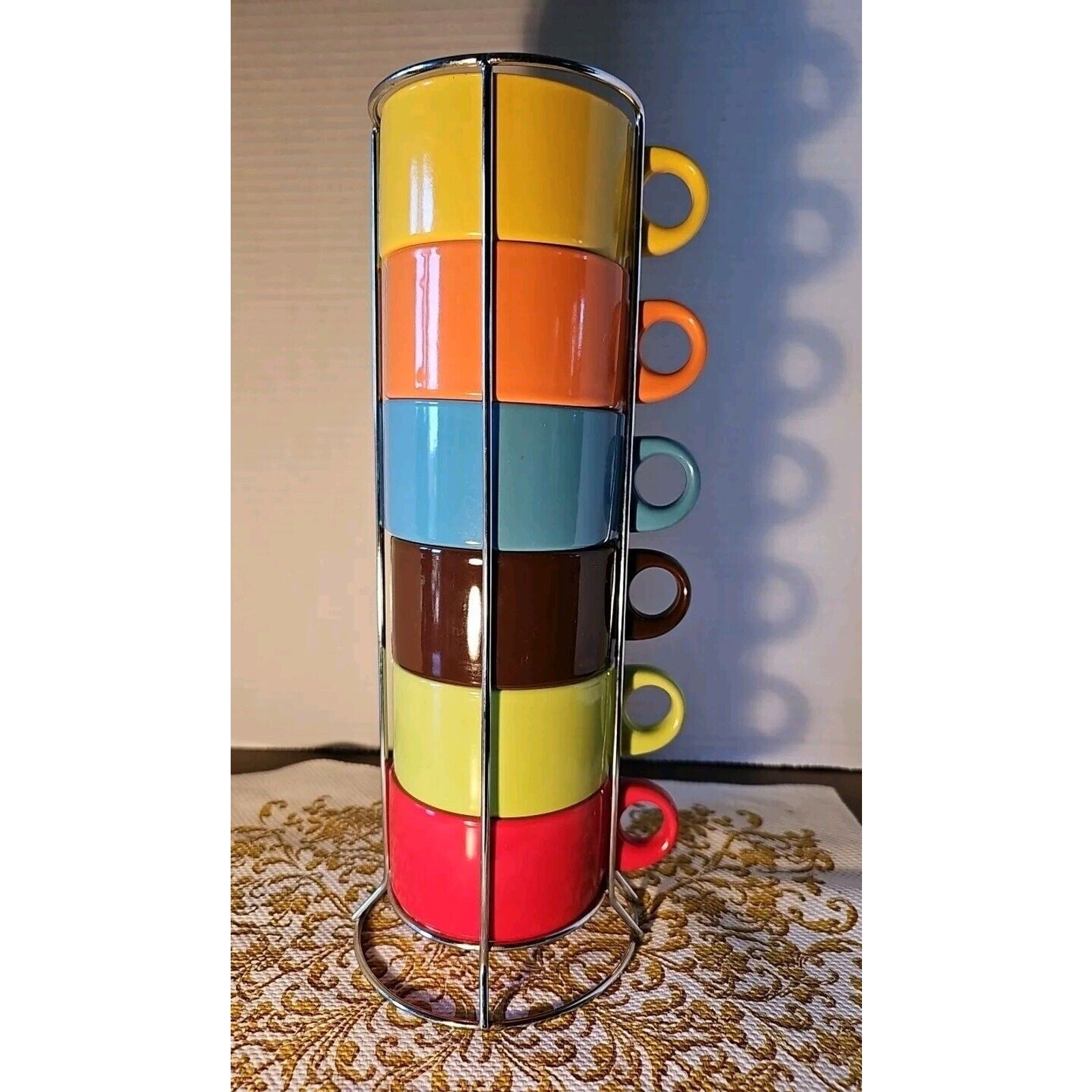 Pier One Rainbow Tea coffee cup stack, Silver Metal Slide In Stand, 6 Cups