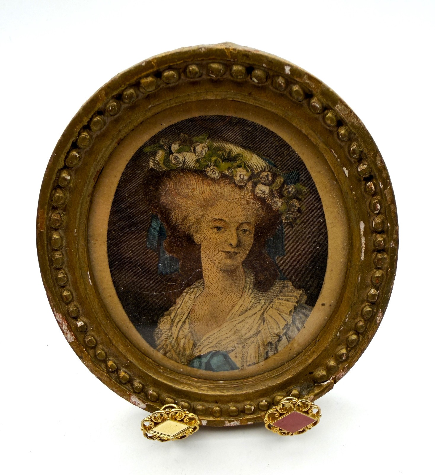 Antique Oval Giltwood Frame Hand Colored Portrait Print Woman Fleur-de-Lis Back