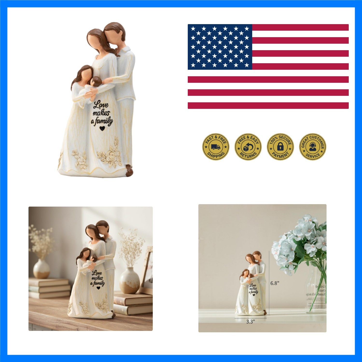 Family Figurine Statue, 6.8 Inch Resin Sculpture of Mother Father Daughter an…