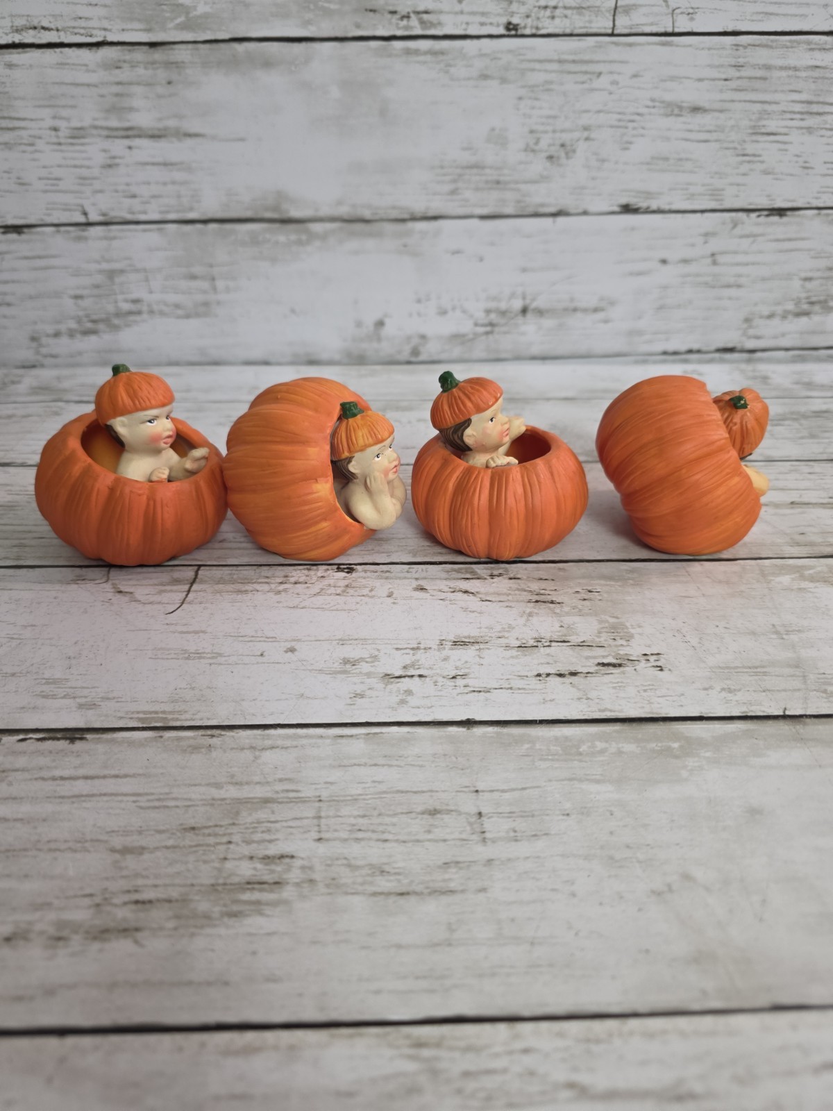 K’s Collection 4 Ceramic Fall Thanksgiving Babies In Pumpkins Figures Autumn Vtg