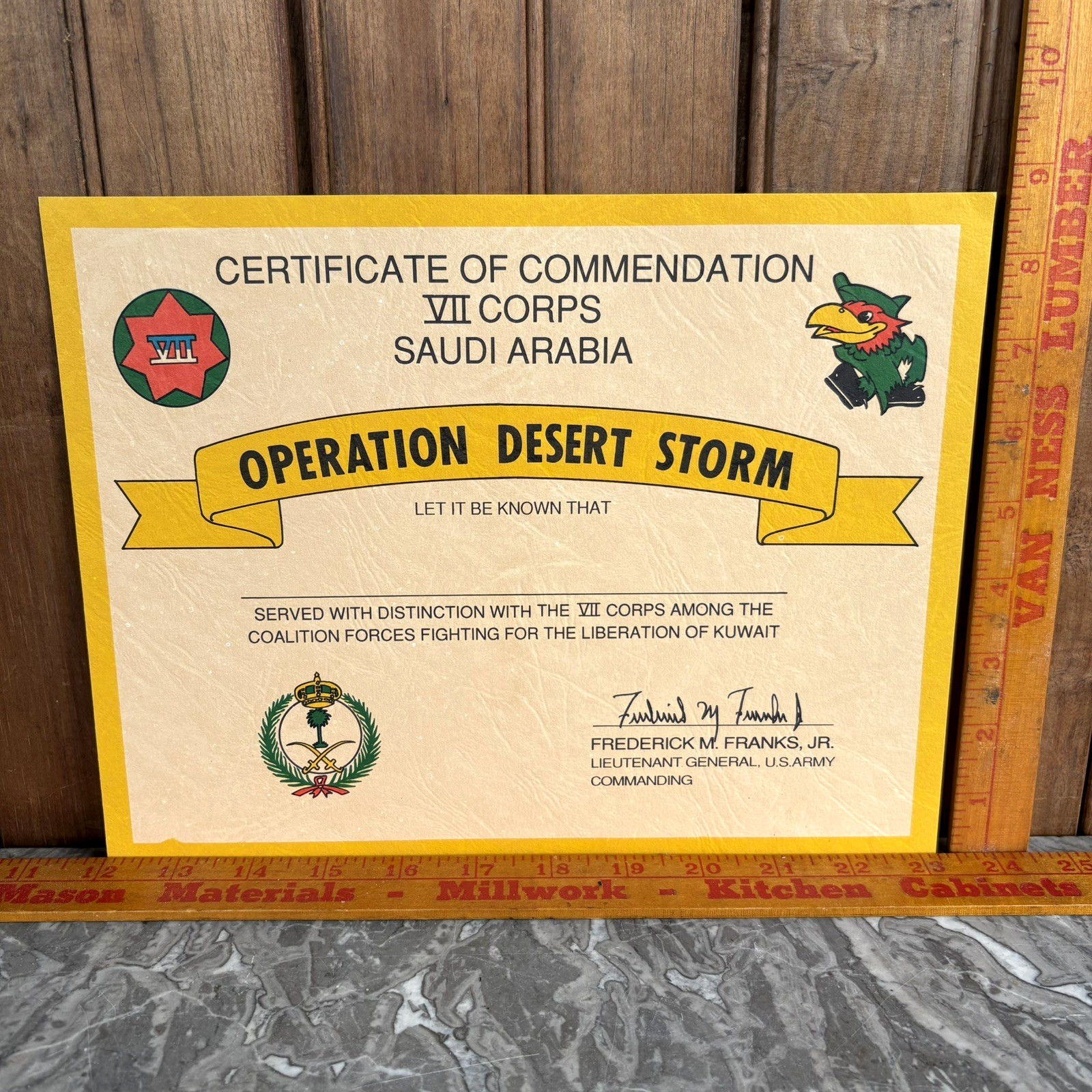 Vtg Operation Desert Storm Gulf War Certificate of Commendation Army VII Corps