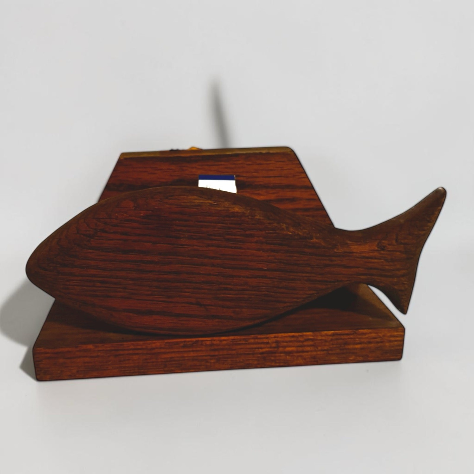Vintage Solid Oak Wood Fish Napkin Holder Letter Holder Carved Silhouette