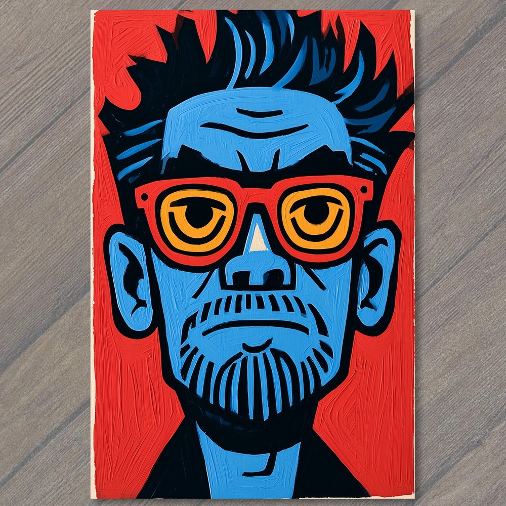 POSTCARD Blue Man Orange Glasses Abstract Portrait Bold Colorful Graphic Modern
