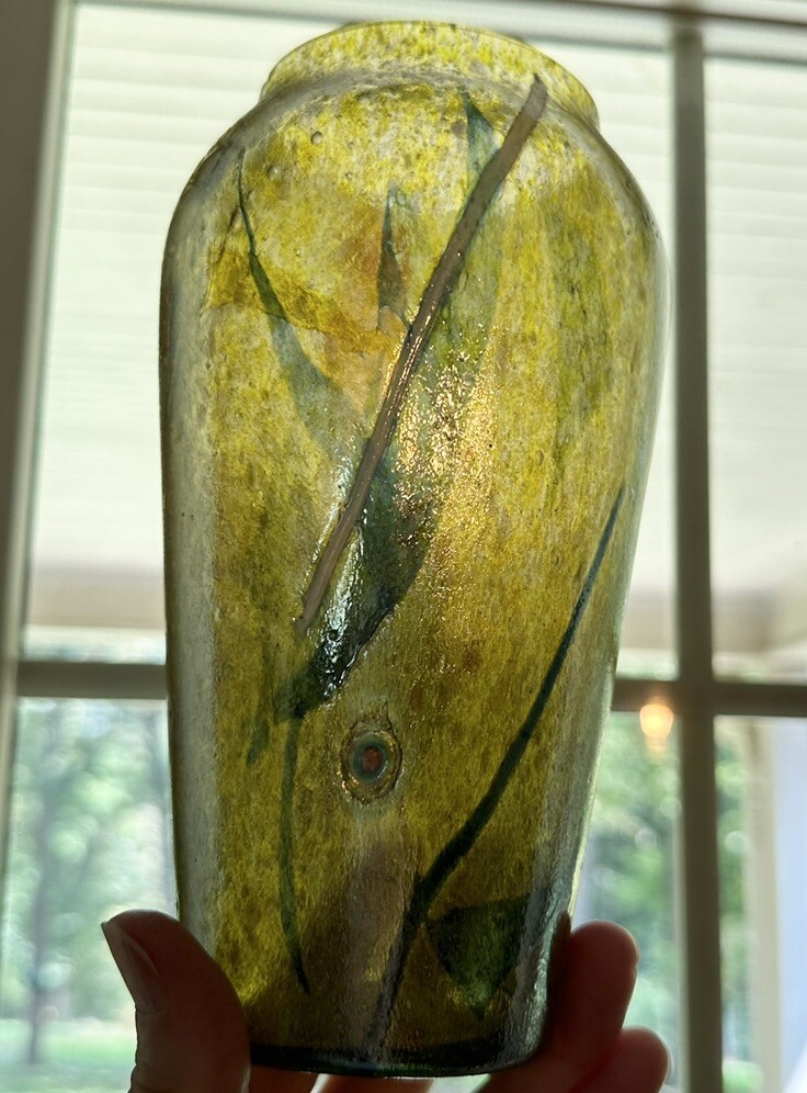 Modern Art Glass Dichroic Vase 7 1/2″ Tall Abstract Green Blue Gold Chroma