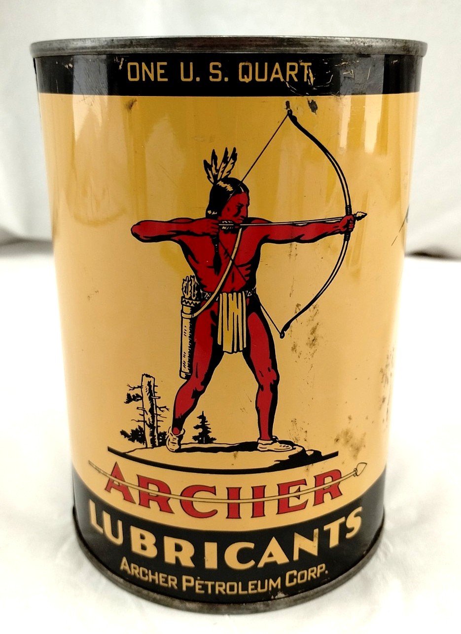 Vintage 1950s Vintage Archer Quart Oil Can Indian Graphic Full