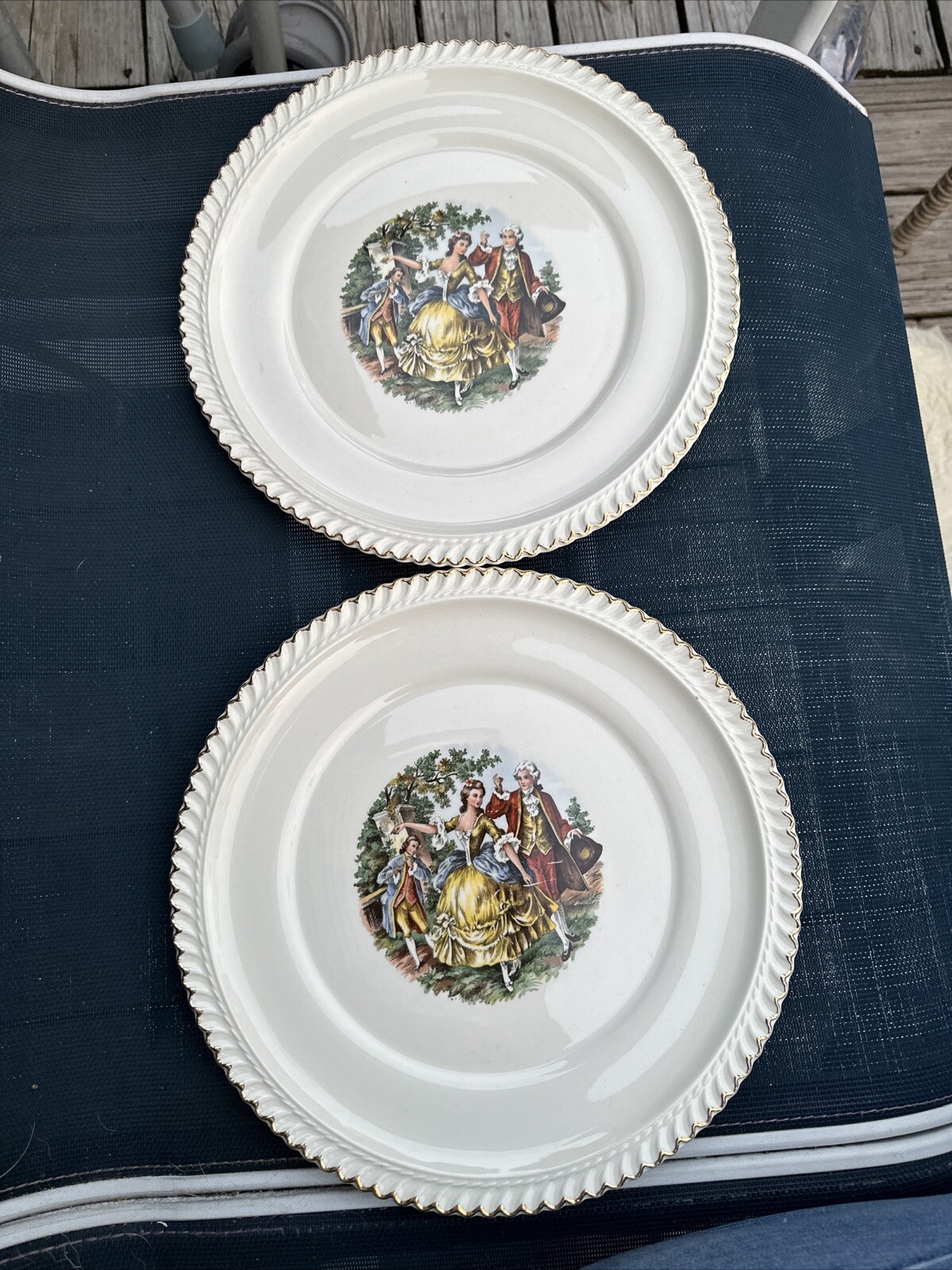 2pcs Harker Pottery 22K Gold Trim Courting Couple Dinner Plate 10 3/8” Tiny Chip