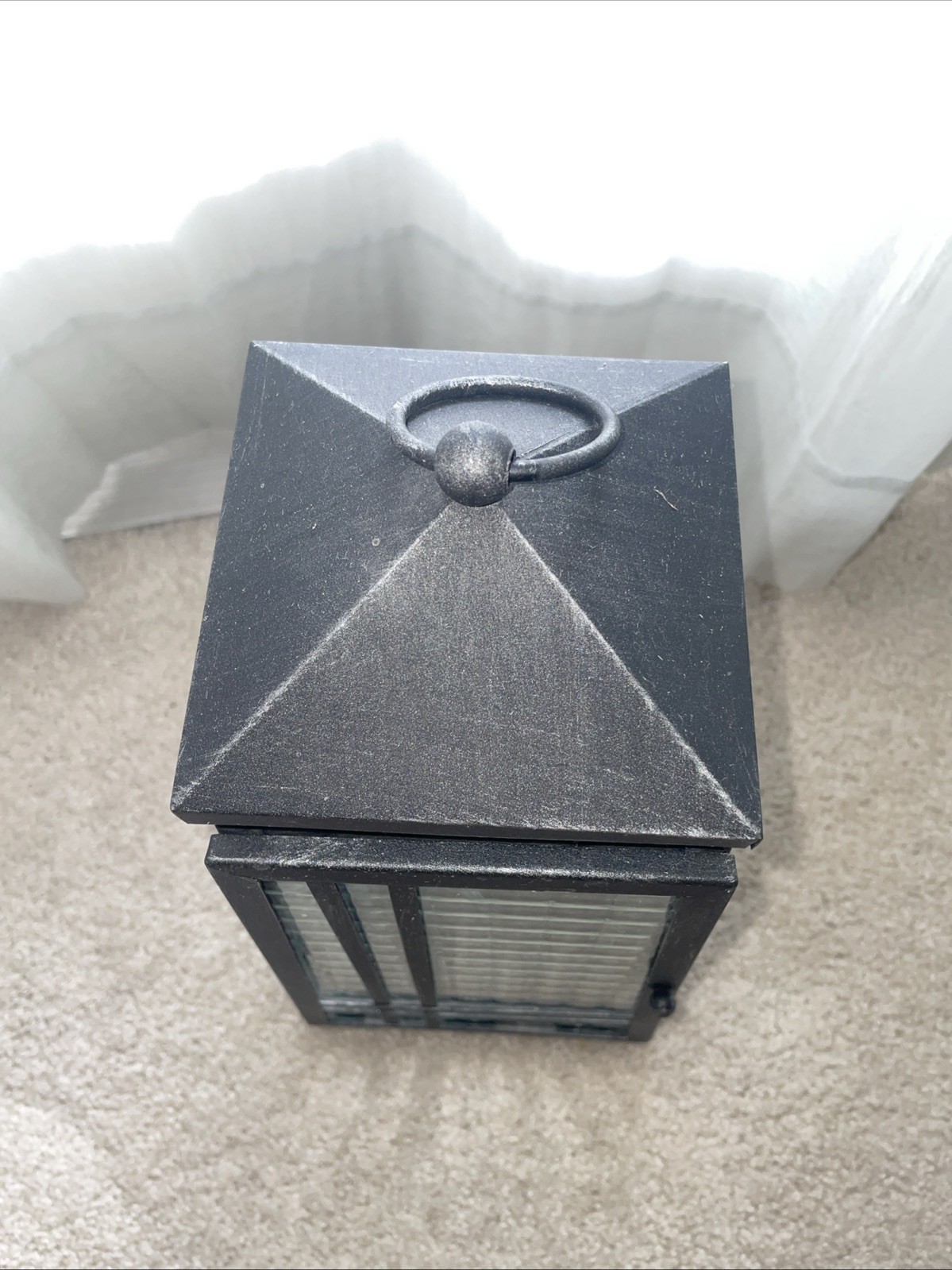 PartyLite 15.5″ Weathered Zinc Lantern Glass P91057 Medium with Hanging Loop EUC