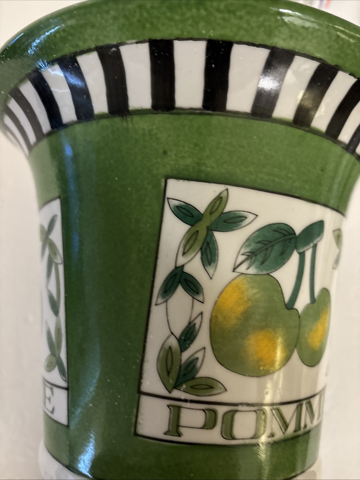 Vtg Ceramic Planter POMME French For Apple 8×8.25” Striped Black White Green