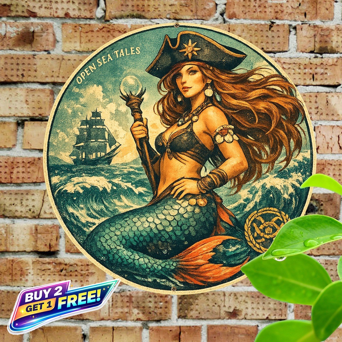 Pirate One Eyed Mermaid 8×8 Round Decorative Metal Plate Tin Sign