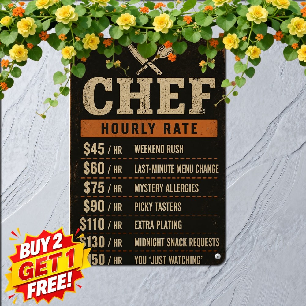 Chef Hourly Rate Spoon Knife Icon Metal Sign Vintage Cafe Wall Decor Plaque