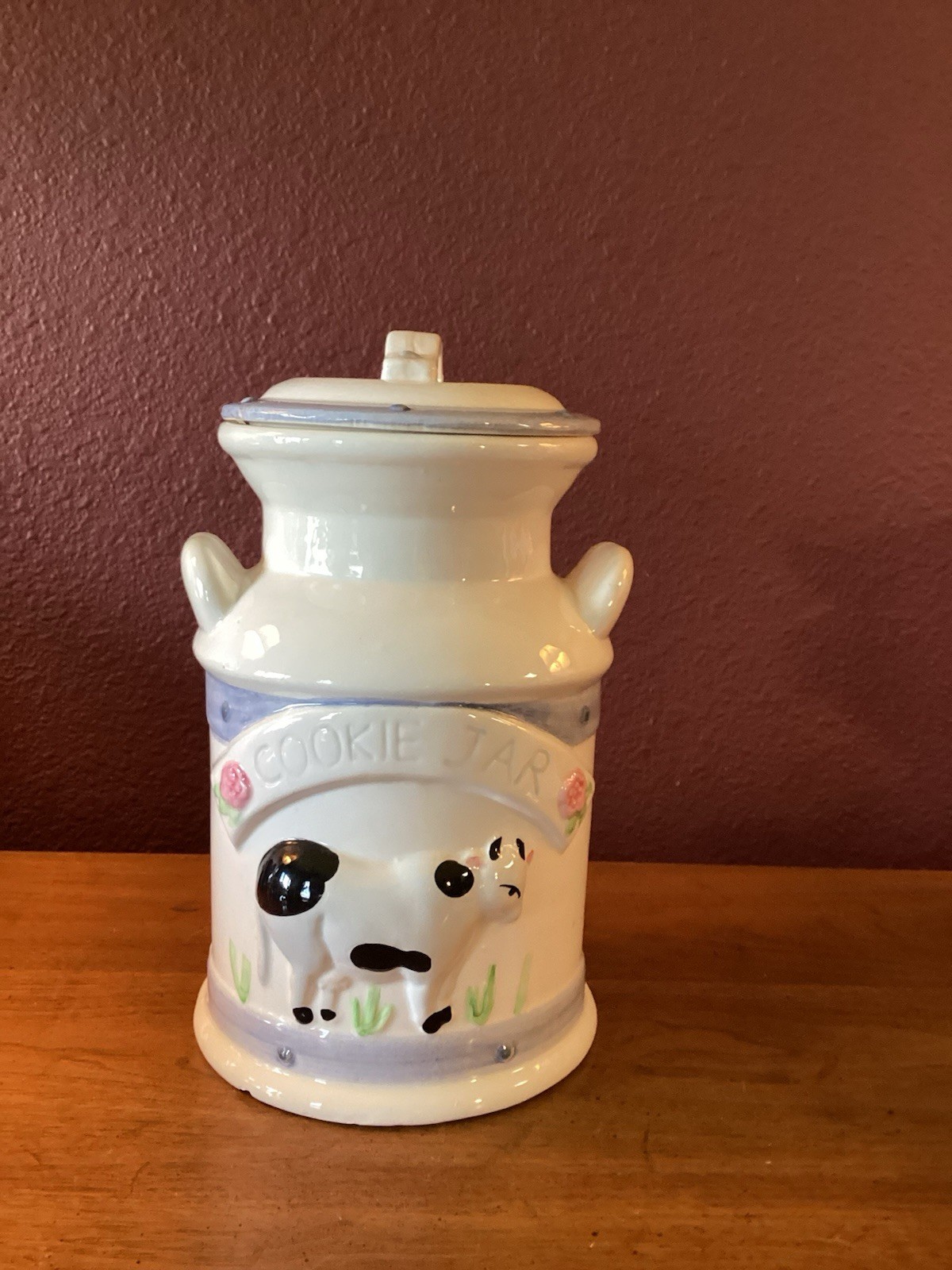 Vintage Ceramic Milk Can Cookie Jar With Cow Design And “Cookie Jar” Embossed