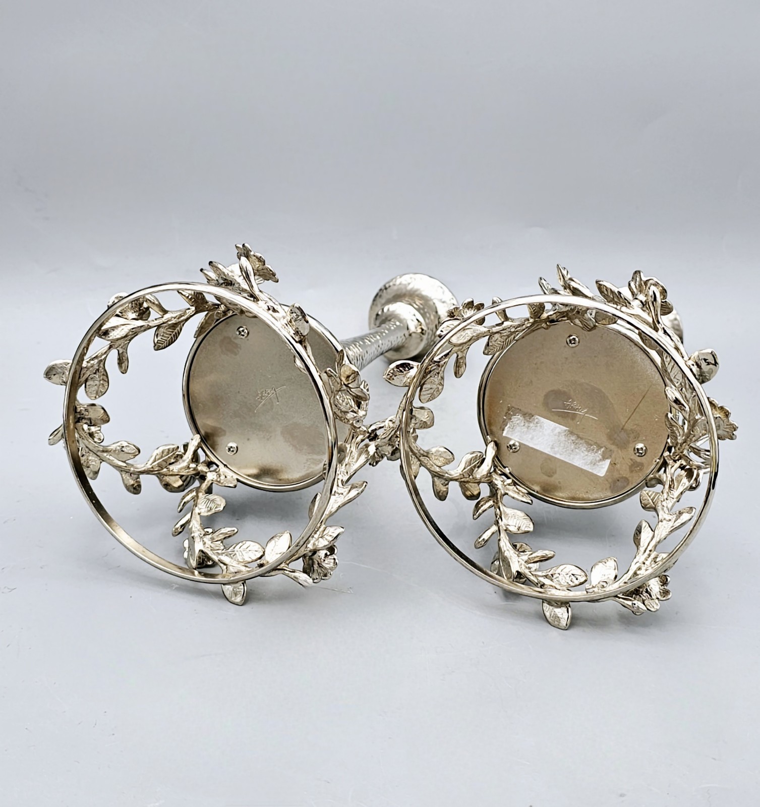 Pair Micheal Aram Silver Orchid Hammered Metal Candle Stick Holders 9.75″