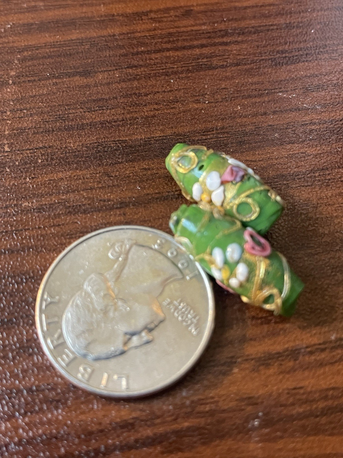 Antique Venetian Pink Flowers Overlayed With Gold On Green Glass Beads