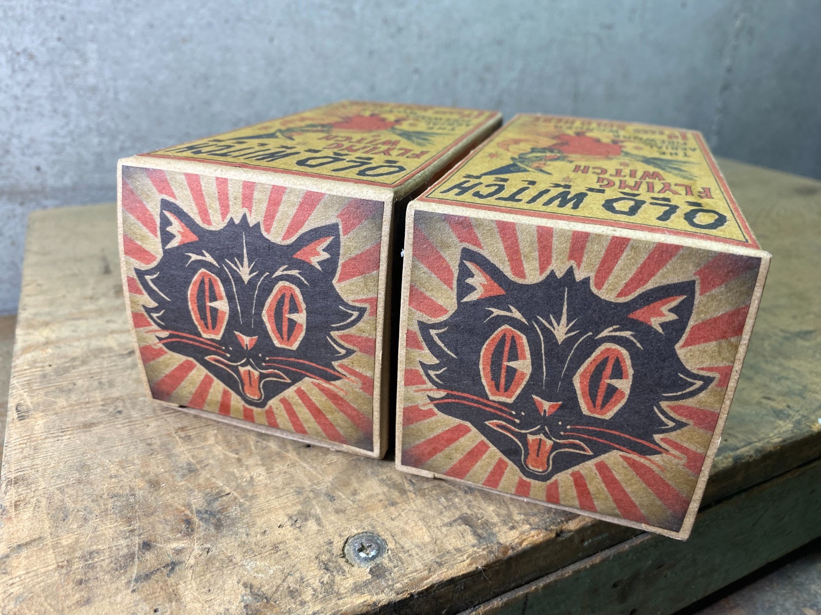 2 Card Boxes Old Witch Sparklers Empty Halloween Broom Witch