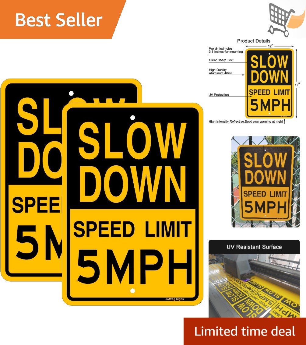 Slow Down Speed Limit Sign 5 MPH Reflective Aluminum 17×12 Inches 2 Pack