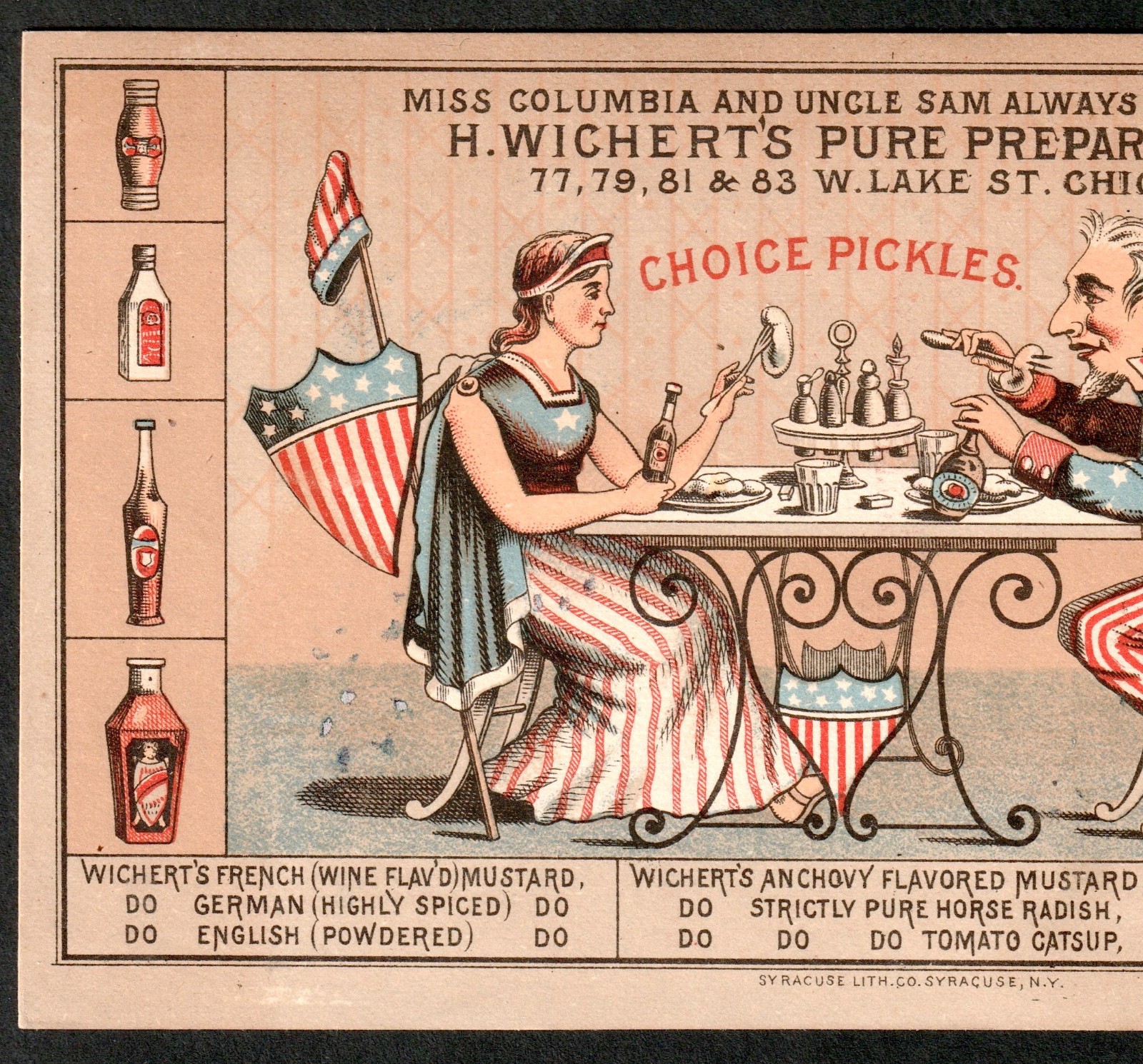 RARE Miss Columbia Uncle Sam Pickle Jar Oyster Sauce Food Bottle Trade Card j.US