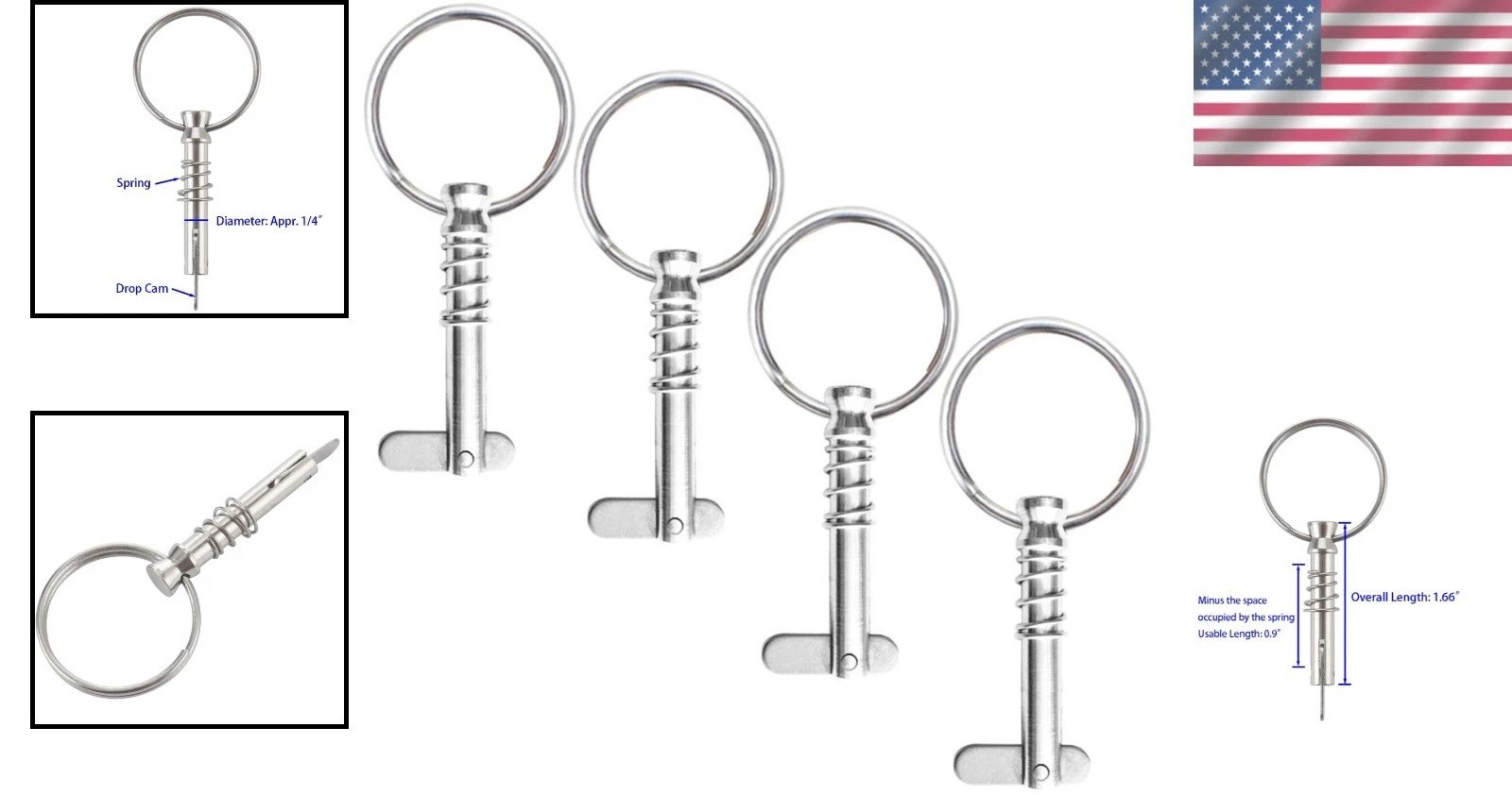 Marine Hardware 4 Pcs Quick Release Pin Set – 1/4″ Diameter, Corrosion Resistant