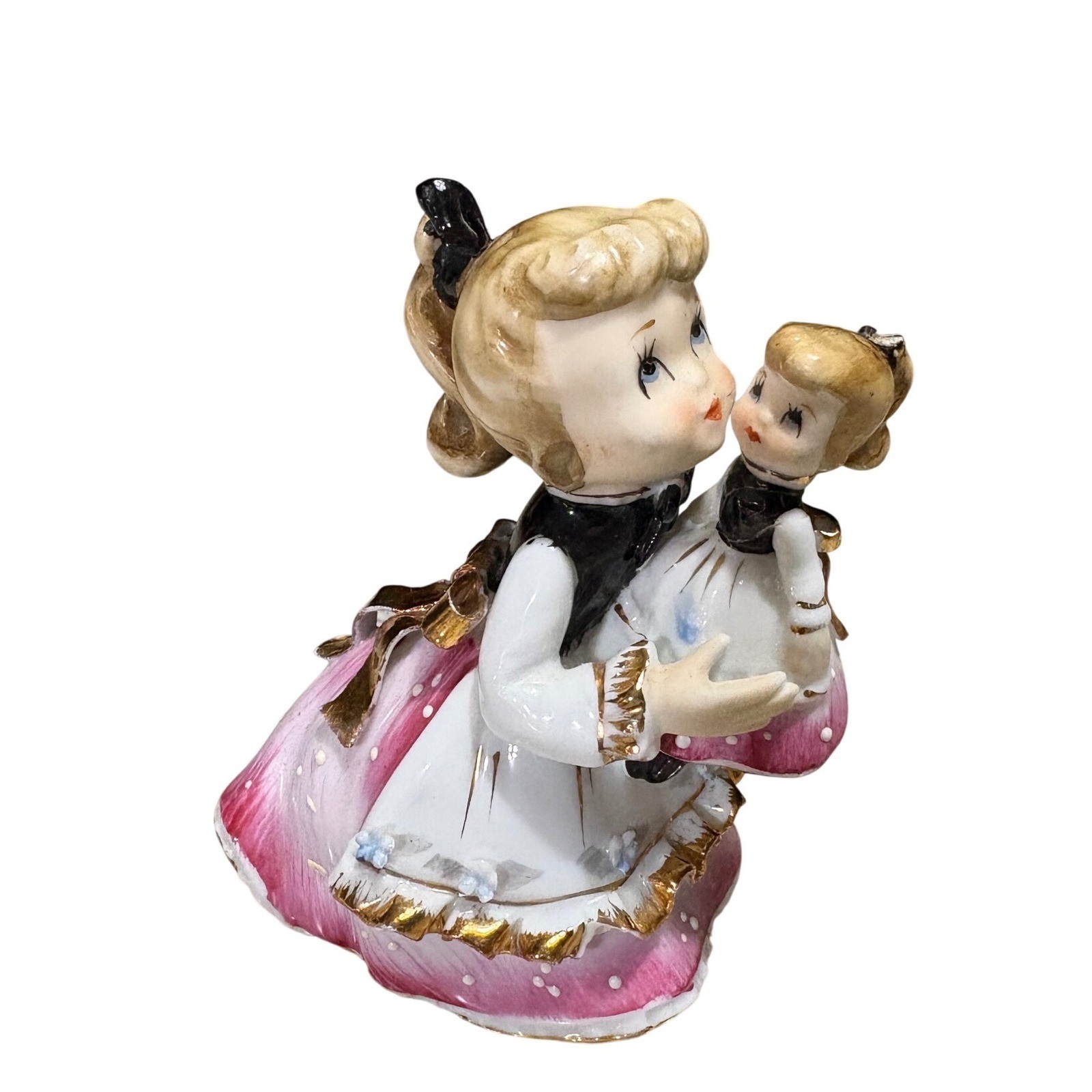 Lefton Girl with Doll Figurine 1955 Pink White Gold Trim HW8948 4 in.