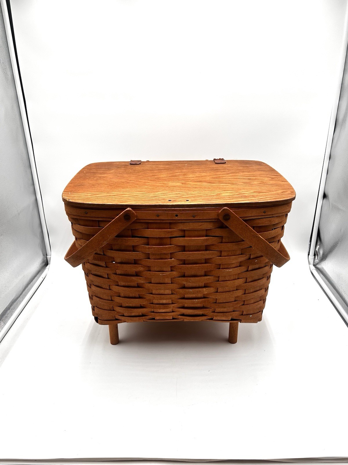 Longaberger Picnic Basket Large Lidded with Stand Signed 1992 16” X 14” X 11”