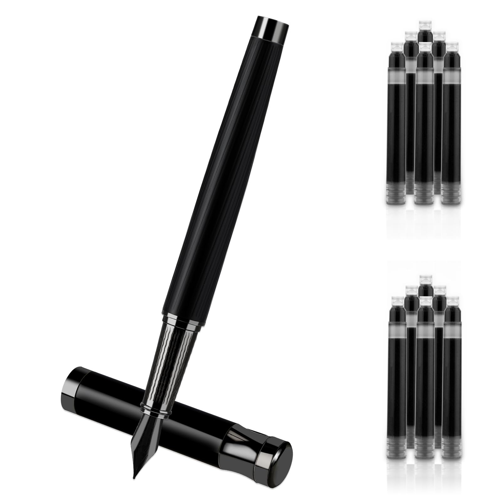 Luxury Metal Pen Set – Fine Nib Fountain Pen with Converter and 10 Black Ink