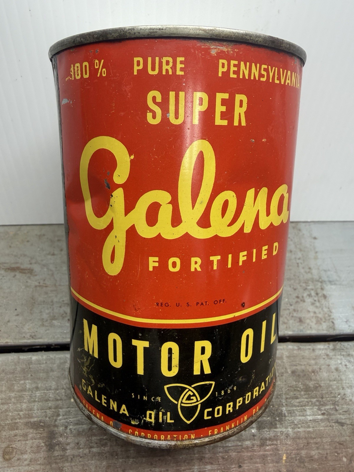 Vintage Super Galena Motor Oil 1 Quart Can (FULL) Soldered Seam Franklin Penna