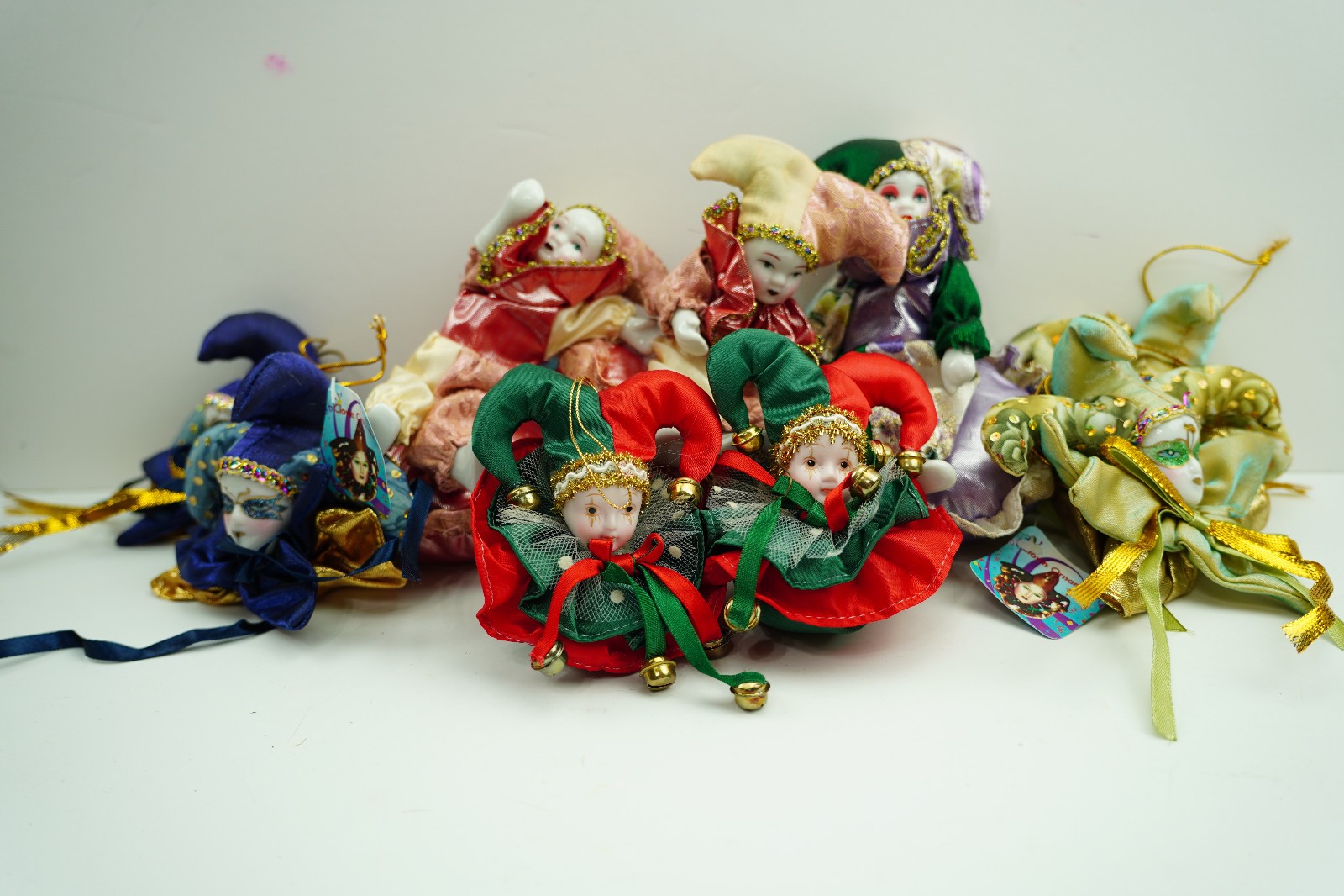 Vintage Porcelain Jester Ornament Lot of 9 – Mardi Gras Harlequin Sets & Heads