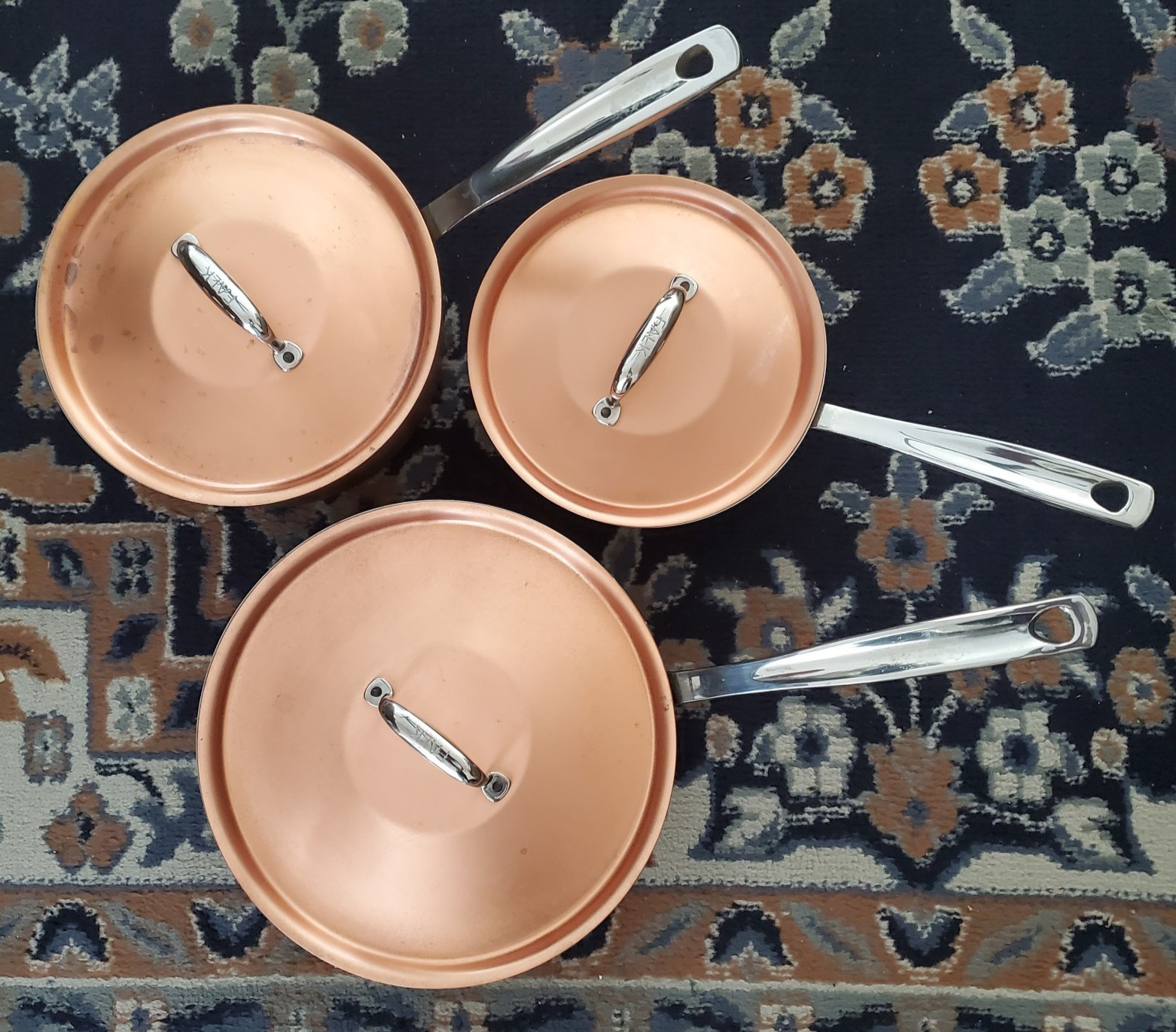 (3) FALK CULINAIR HAND CRAFTED COPPER CLASSIC COOKING PANS WITH LIDS BELGIUM