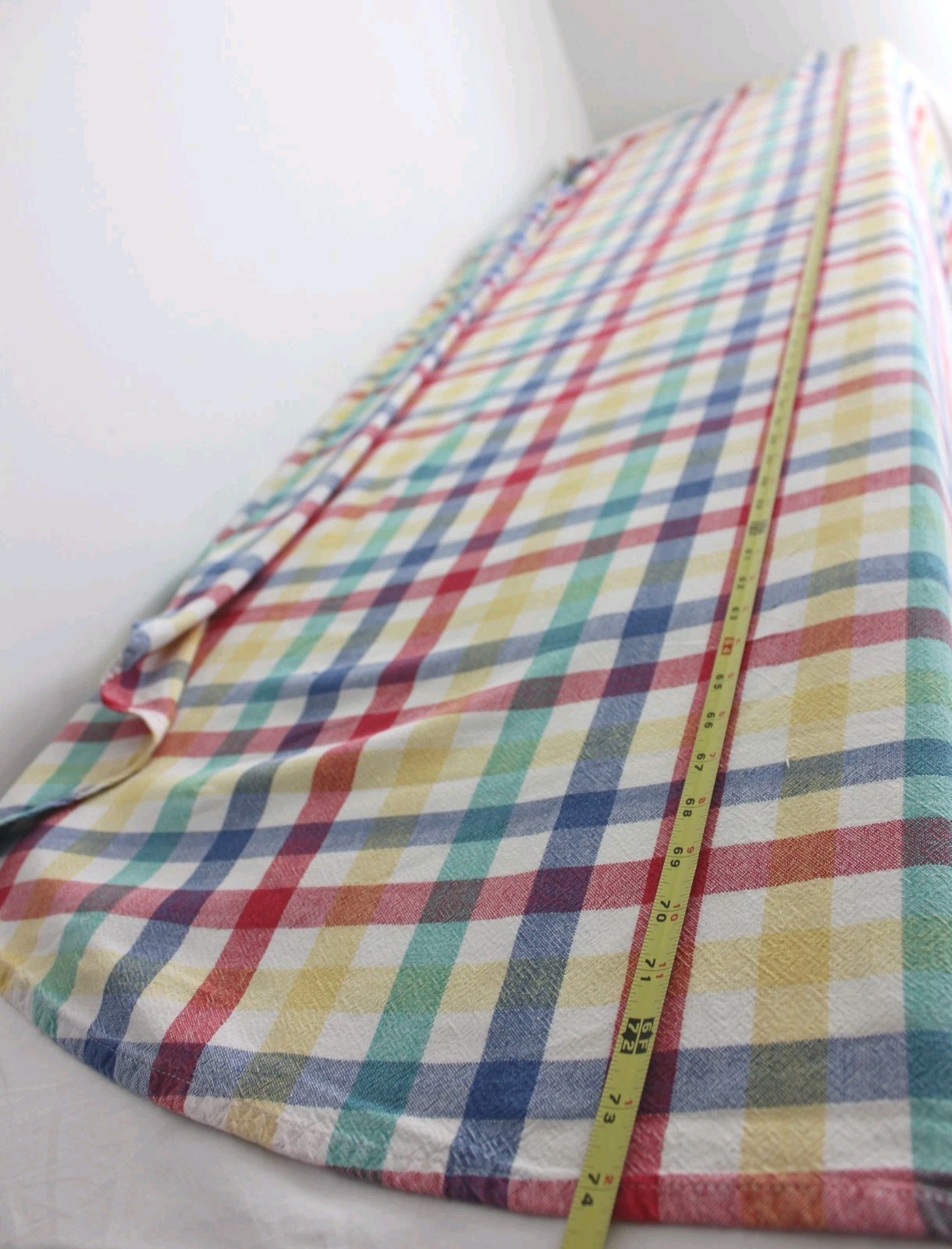 Vtg Primary Plaid Tablecloth 100% Cotton Oval Multicolored Checkered Grid 54×74