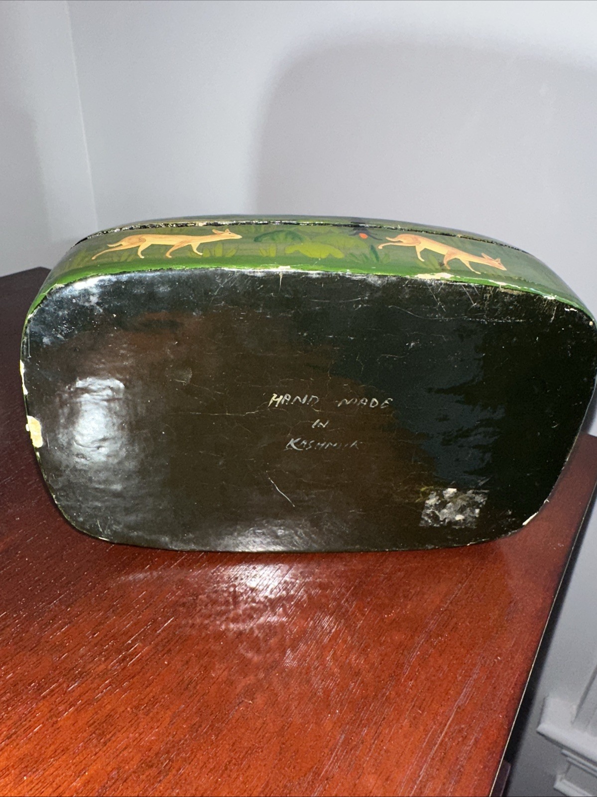 Vintage Kashmir India Hand Painted Lacquer Trinket Box Animals
