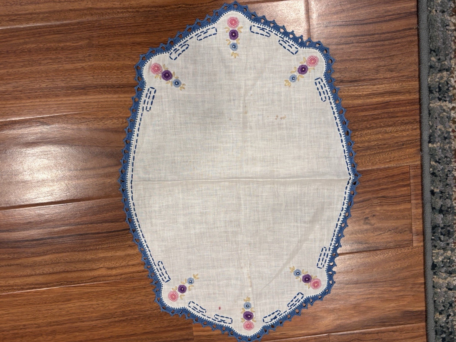 Vintage Floral Table Runner Pink Blue Rosettes Embroidered Cottagecore