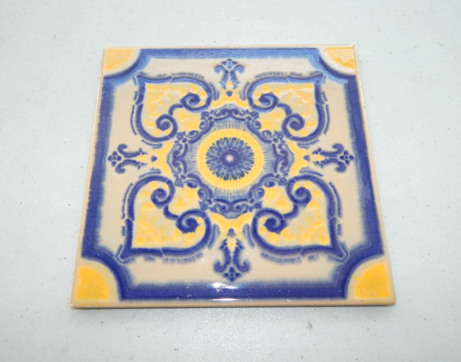 (2) USED Brennand Recife Brasil Brazil Decorative Tile Trivet Yellow Blue 6″X6″