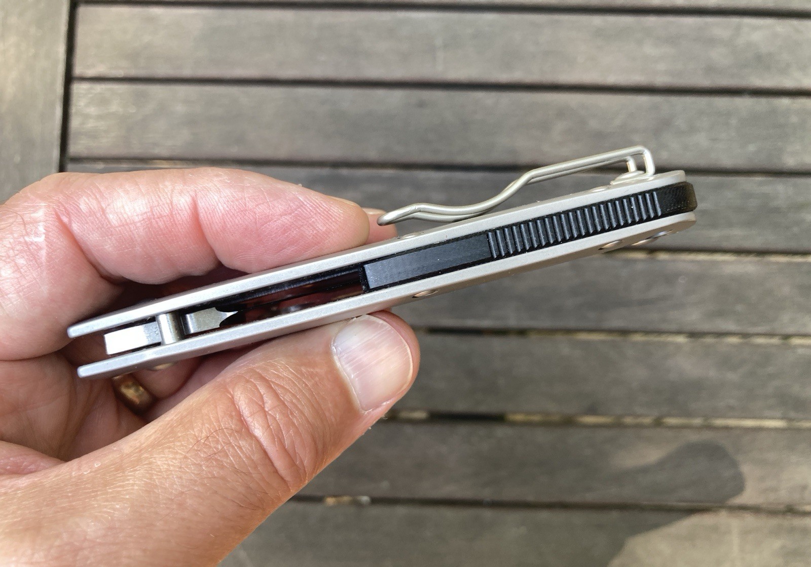 Titanium Framelock Pocket Knife Grey. Thumbhole, Pocket Clip. Excellent!