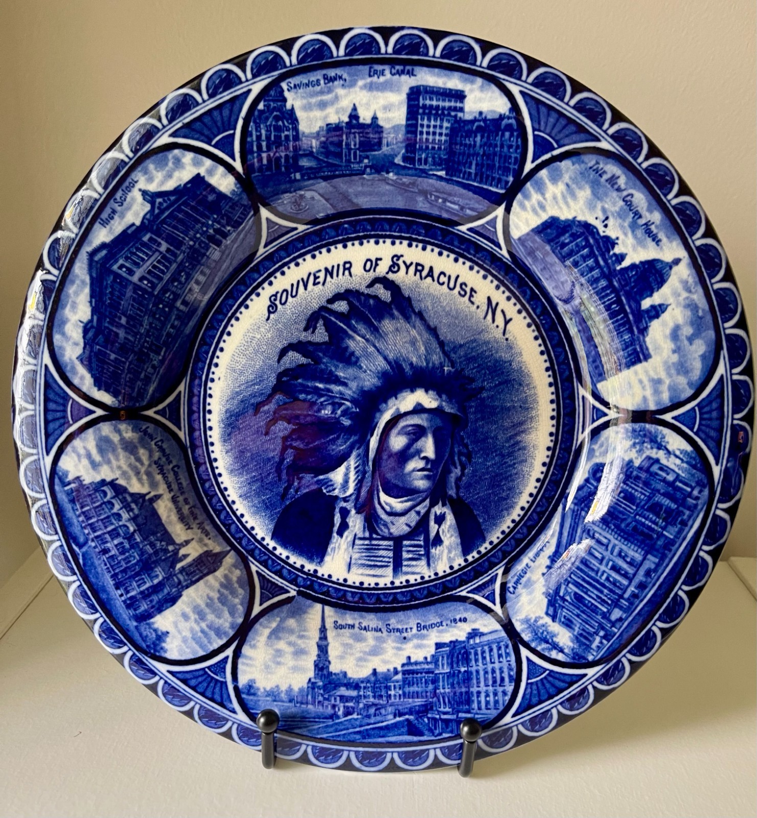 Antique Rowland Marsellus Syracuse NY Blue Transferware Souvenir Plate Native 10