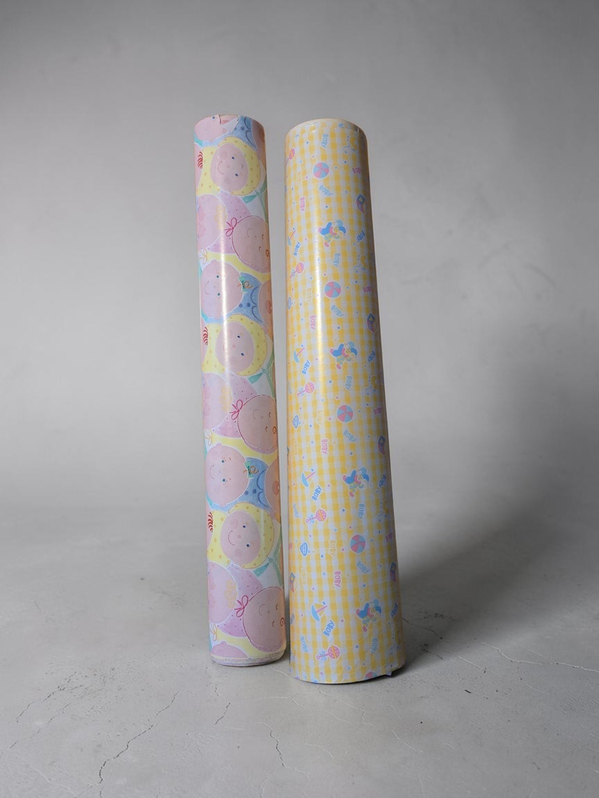 Vintage Baby Shower Department Store Gift Wrap Rolls Gingham Clowns Rattle Set 2