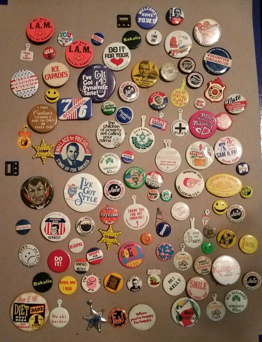 Mixed Lot 100 Vintage 1960 1970 Buttons Pin pinback