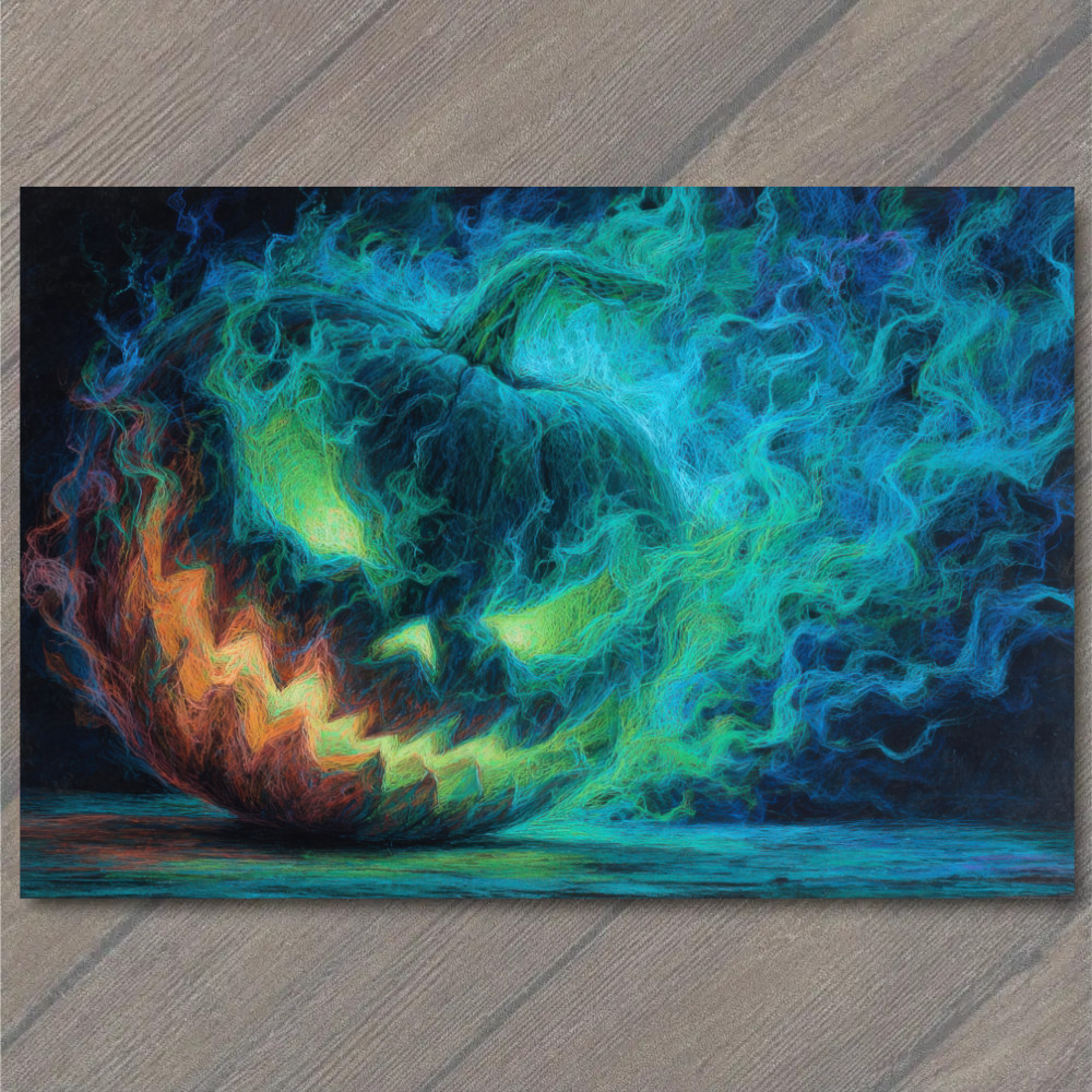Postcard Scary Jack O Lantern Surrounded By Blue Fire Halloween Spooky Artwork