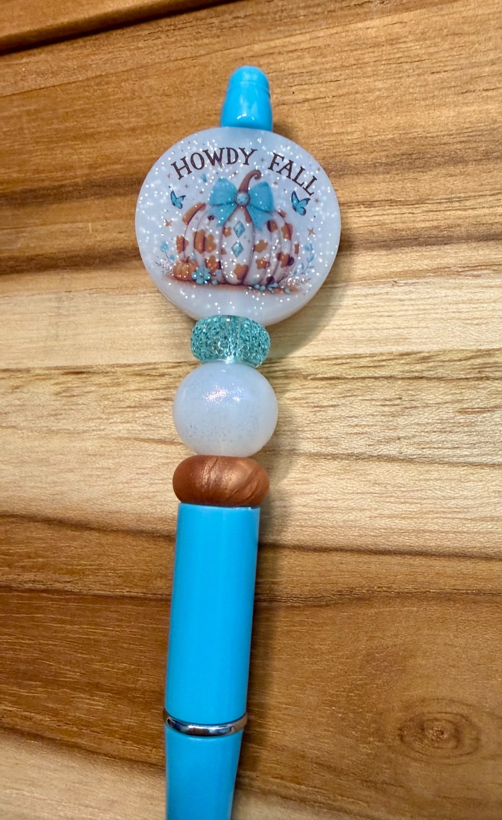Howdy Fall Pumpkin Beaded Pen / Handmade Pumpkin Pen / Teal Silicone Beaded Pen