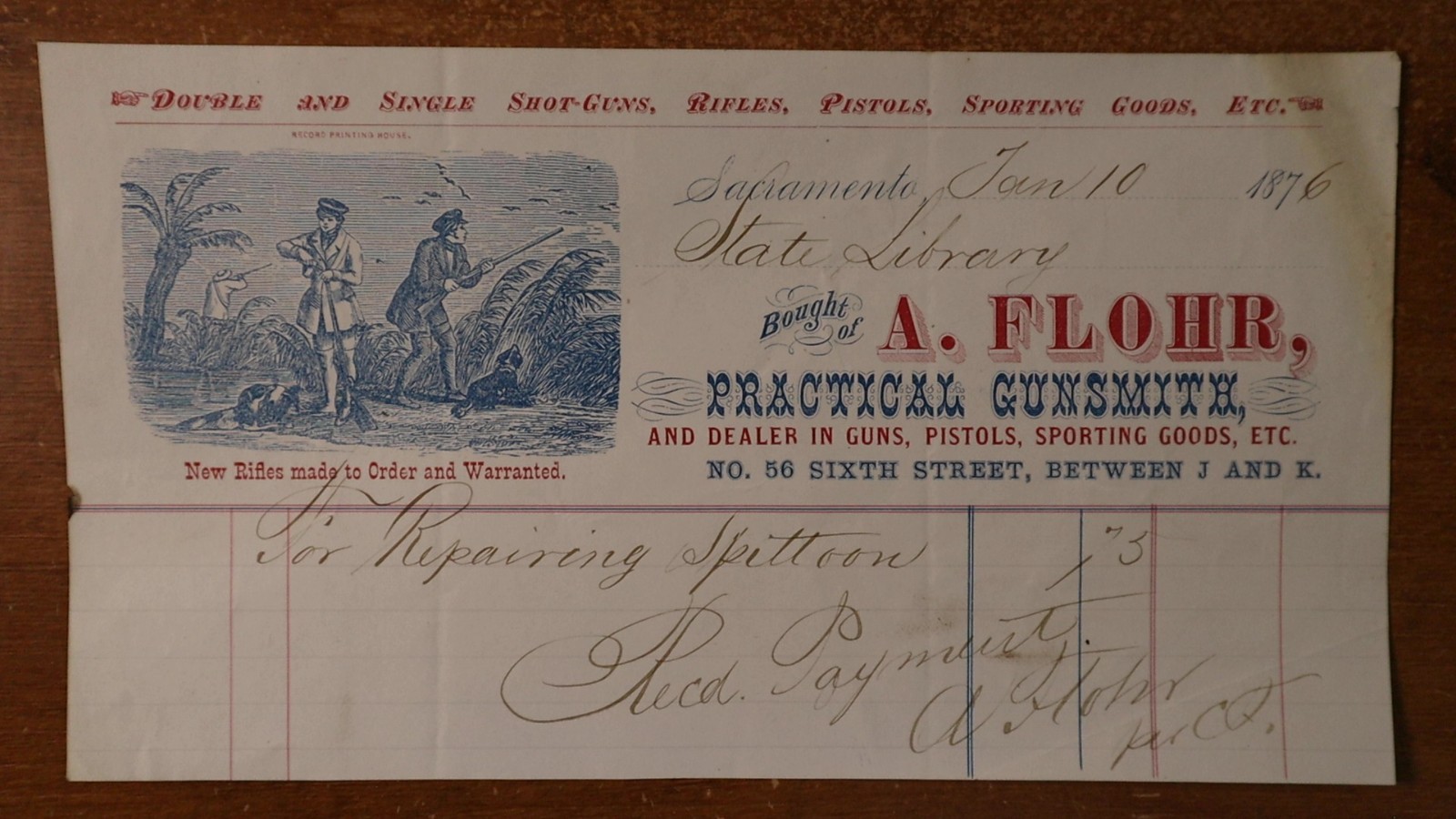 1876 Sacramento CA A Flohr Gunsmith Color Billhead Bird Dogs Store Boudoir Photo