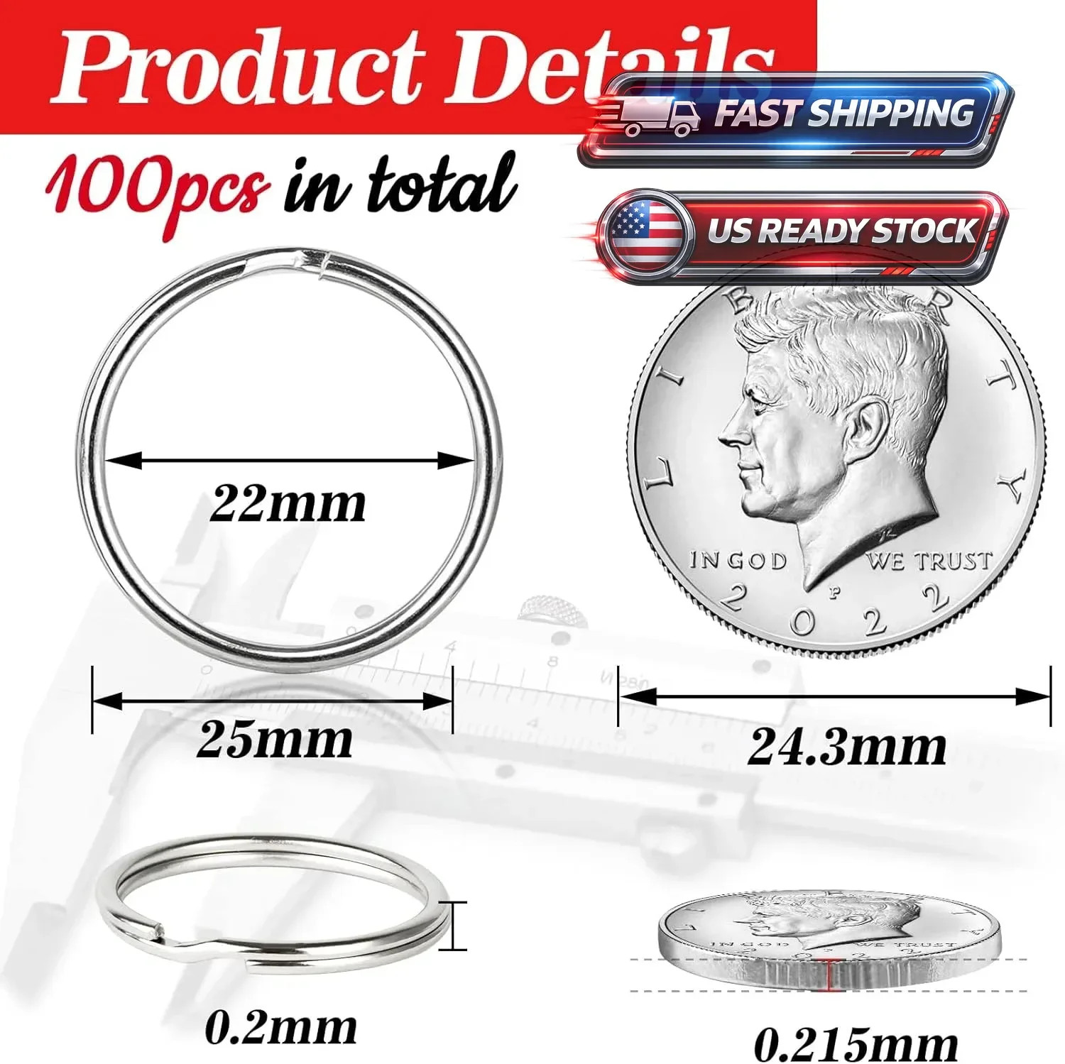 100PCS Bulk Keychains Set Split Keychains Rings with Chain 1 Inch Key Rings