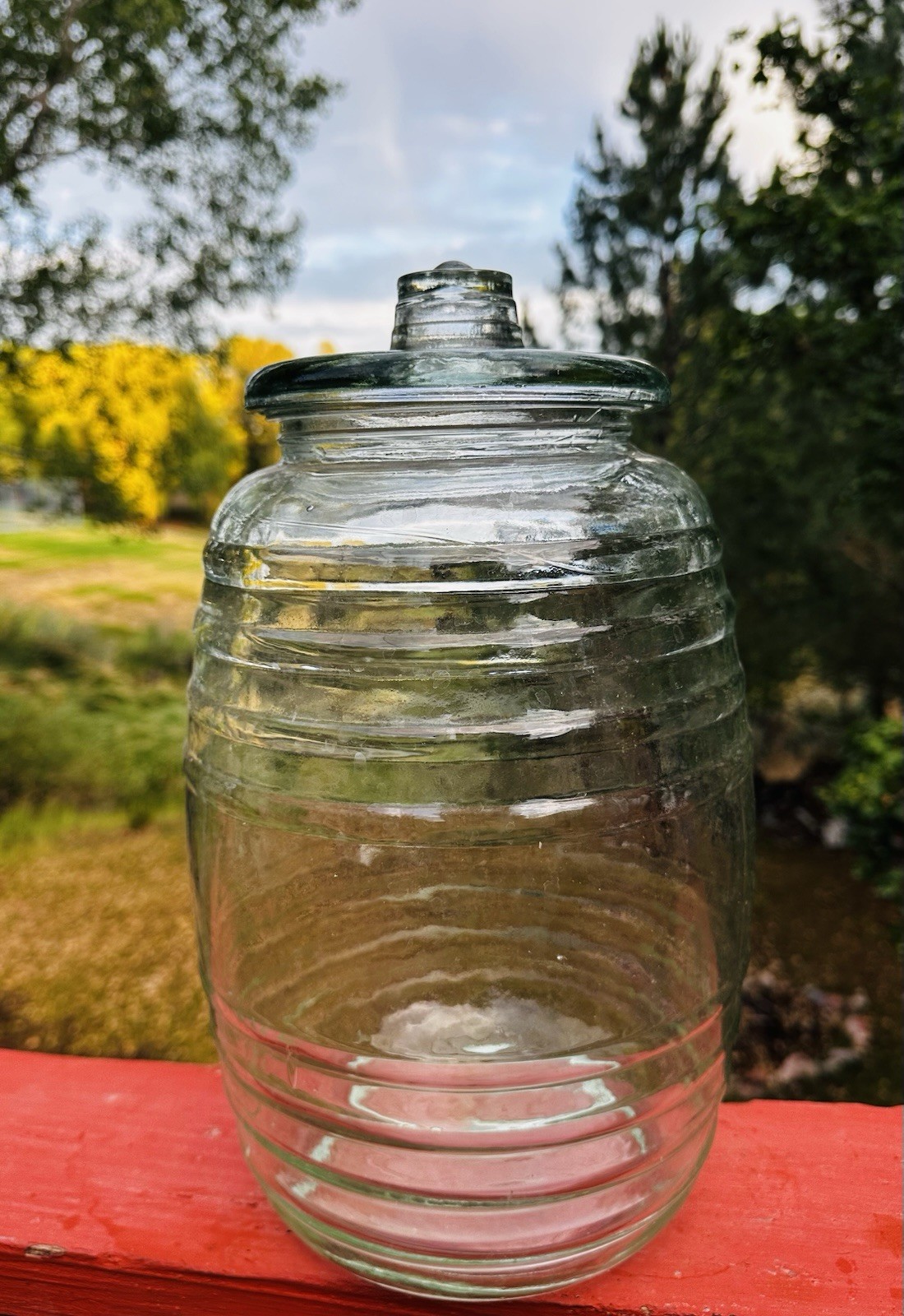 Vintage Glass Beehive Shaped Pickle Barrel Clear Glass Jar W Lid (chipped Handle